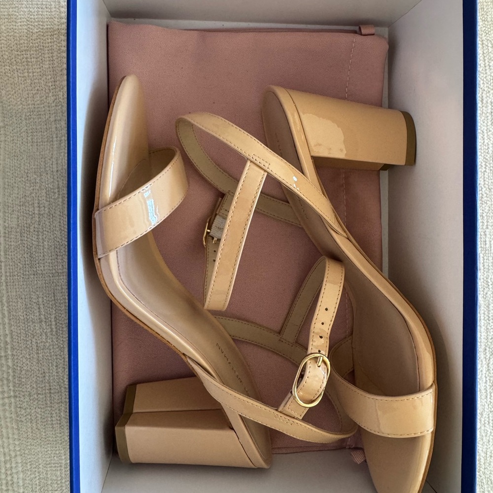 Stuart Weitzman Nude Patent Block Heel Sandals